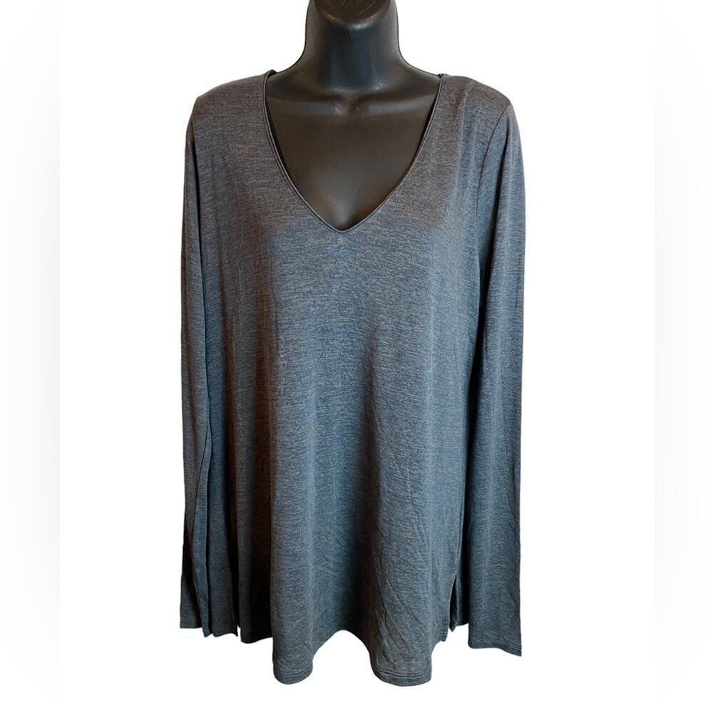 Tahari Gray V-Neck Long Sleeve Tunic Top Womens Size Large